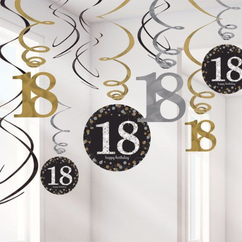 Sparkling Black 18th Birthday Hanging Swirls - Pack of 12