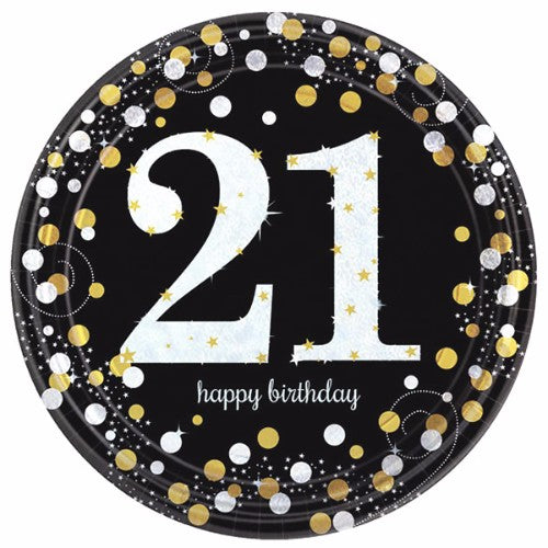 Elegant black dinner plates with gold and silver designs for stylish birthday celebrations, pack of 8, 23cm each.