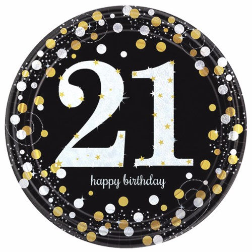 Sparkling Black 21 Happy Birthday Dinner Plates - Pack of 8