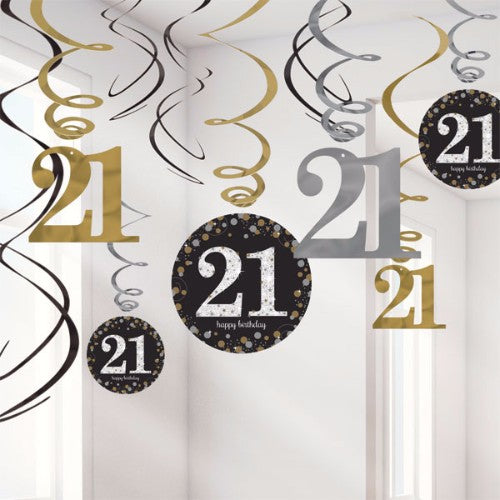 Sparkling Black 21st Birthday Hanging Swirls - Pack of 12