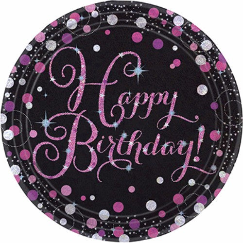 Sparkling pink birthday dinner plates with prismatic design, perfect for stylish celebrations, pack of 8, 23cm diameter.