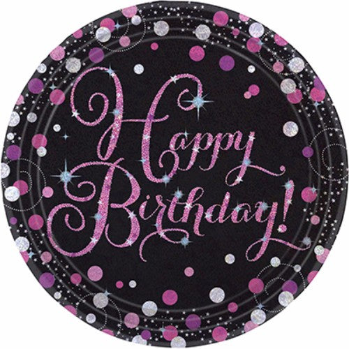 Sparkling Pink Happy Birthday Dinner Plates - Pack of 8