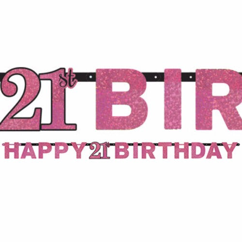 Sparkling pink "Happy 21st Birthday" banner, 2.13m long, holographic cardboard with black and silver accents for festive decor.