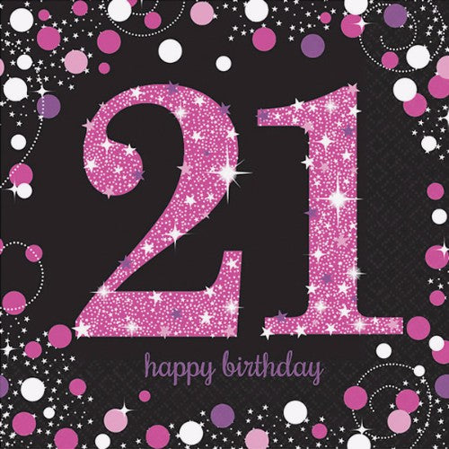 Sparkling pink 21st birthday lunch napkins in a chic pack of 16, featuring pink, black, and silver colors for stylish celebrations.