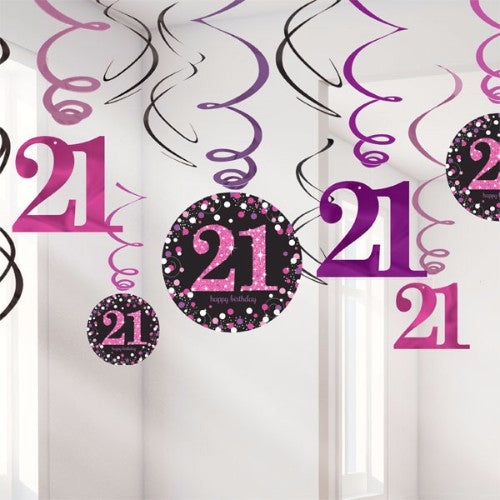 Sparkling pink hanging swirls for 21st birthday celebrations, featuring 12 vibrant decorations in various sizes.