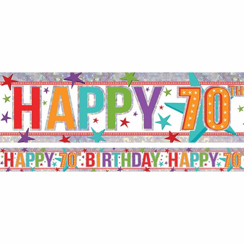 Holographic foil banner celebrating a 70th birthday, 2.7m long, vibrant design, perfect for festive decorations.