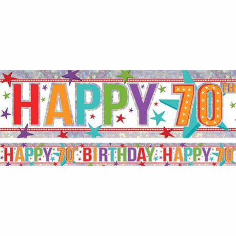 Holographic foil banner celebrating a 70th birthday, 2.7m long, vibrant design, perfect for festive decorations.