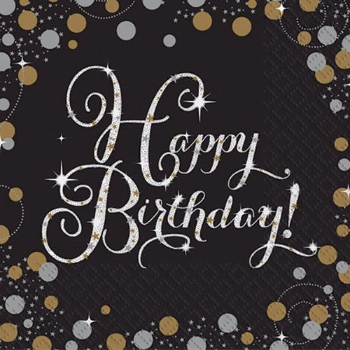 Sparkling Black Happy Birthday Lunch Napkins - Pack of 16