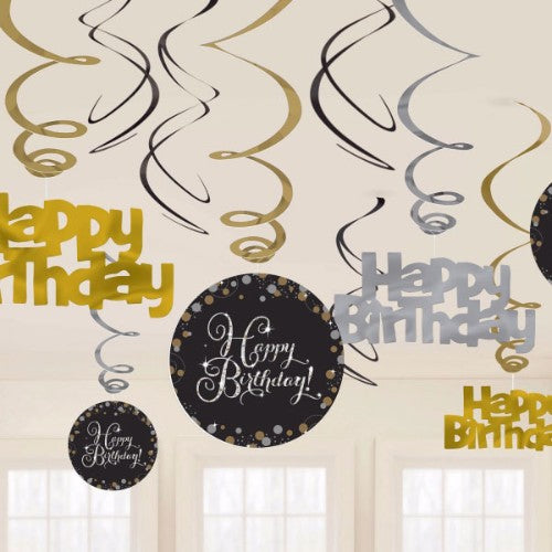 Elegant black birthday hanging swirls, pack of 12, featuring foil and vibrant cutouts for festive celebrations.