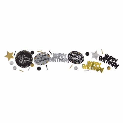 Sparkling black, silver, and gold birthday confetti pack, perfect for adding elegance to any celebration.