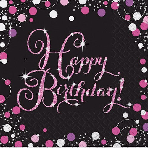 Pack of 16 Sparkling Pink Happy Birthday Lunch Napkins featuring pink, black, and silver accents, 33cm x 33cm, 2-ply.