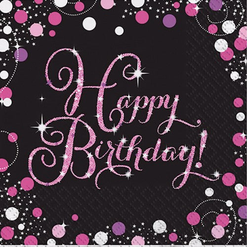 Sparkling Pink Happy Birthday Lunch Napkins - Pack of 16