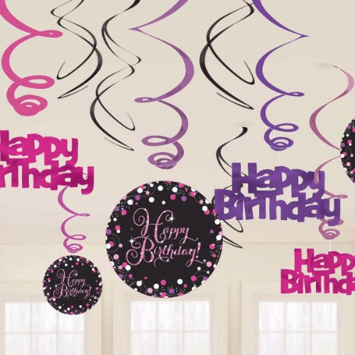 Sparkling pink hanging swirls for birthday decoration, featuring 12 pieces with foil designs and vibrant cutouts.