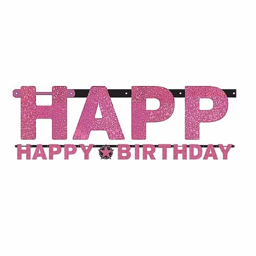 Sparkling Pink Happy Birthday Letter Banner, 2.13m jointed, holographic design in pink, black, and silver for festive celebrations.