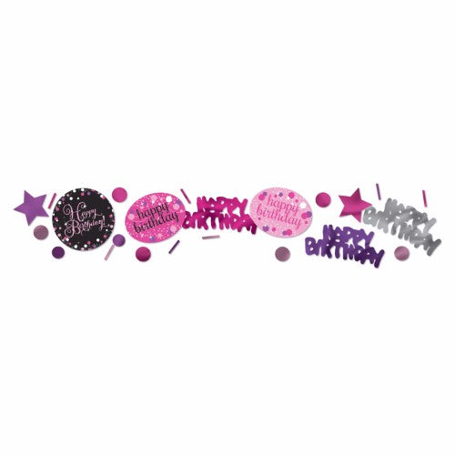 Sparkling pink, purple, black, and silver confetti for joyful birthday celebrations, perfect for tables and party bags.