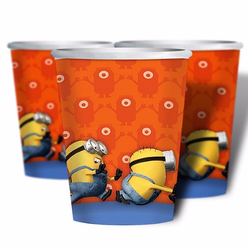 Colorful paper cups featuring Minion characters, perfect for kids' parties, holding 266ml of beverages, eco-friendly, pack of 8.