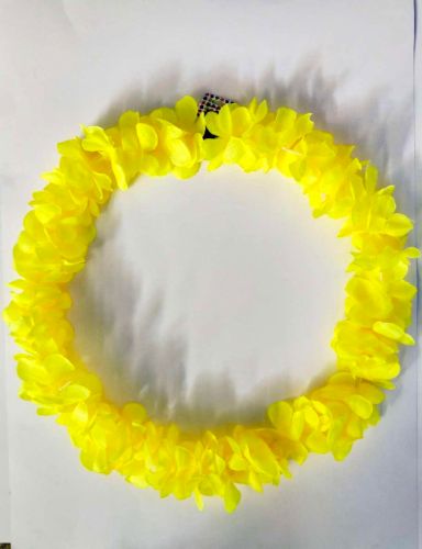 Bright yellow artificial camellia leis measuring 1.25m, perfect for vibrant celebrations and events, sold in a pack of 12.