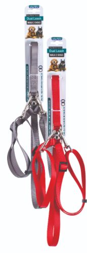 Dual dog coupler with adjustable lead for small breeds, designed for easy walks with two dogs, preventing tangling.