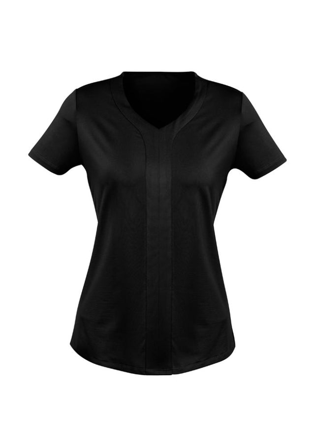 Black short sleeve Advatex Ladies Mae knit top, featuring a curved V-neck and Y front tab, perfect for day-to-night wear.