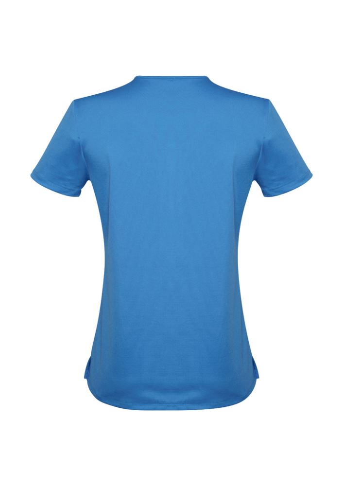 Vibrant blue Advatex ladies' short sleeve knit top with 'V' neckline, made from antimicrobial stretch fabric for comfort and style.