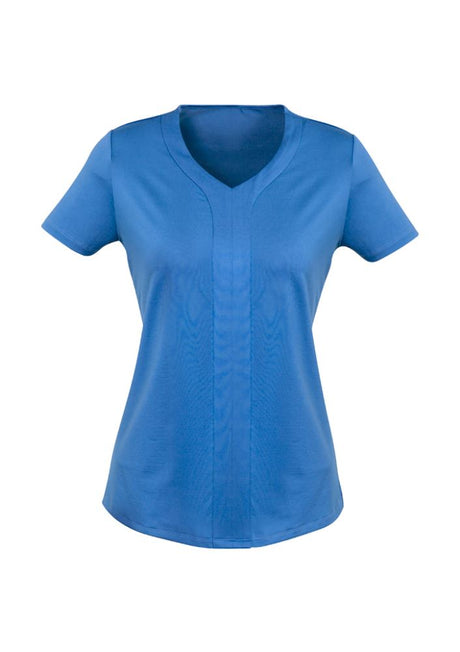Vibrant blue semi-fitted knit top with a curved 'V' neck and 'Y' front tab, made for comfort and style in sizes 6-32.