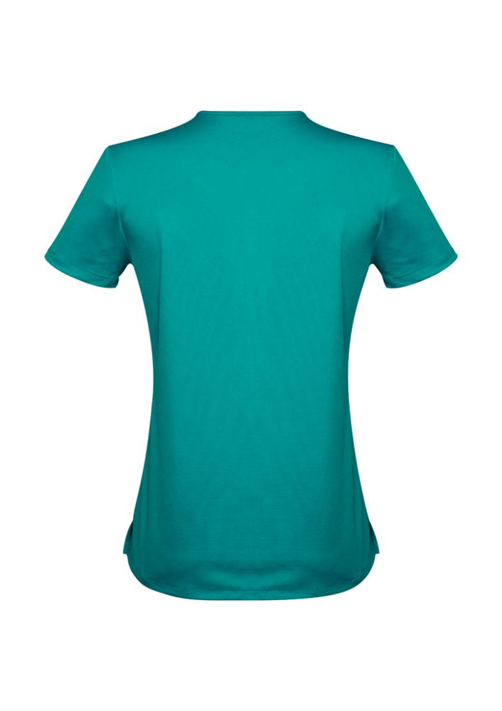 Advatex Ladies Mae Short Sleeve Knit Top in Dynasty Green, featuring a curved 'V' neck and antimicrobial fabric for comfort.