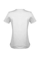 Advatex Ladies Mae Short Sleeve Knit Top in white, featuring a curved 'V' neck, antimicrobial properties, and a semi-fitted design.