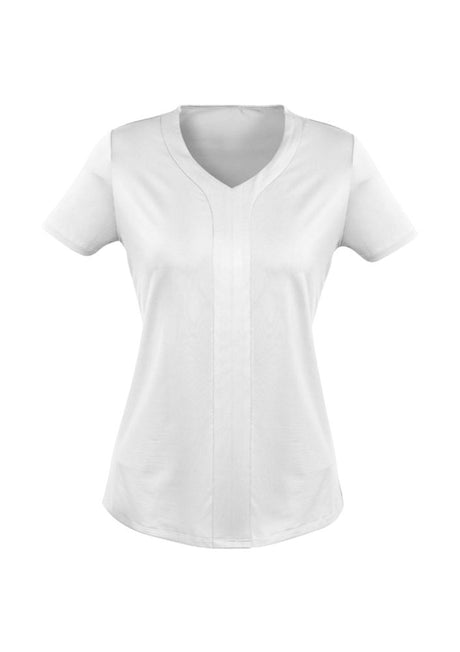 White Advatex Ladies Mae Short Sleeve Knit Top featuring a curved 'V' neck and 'Y' front tab, ideal for professional and casual wear.