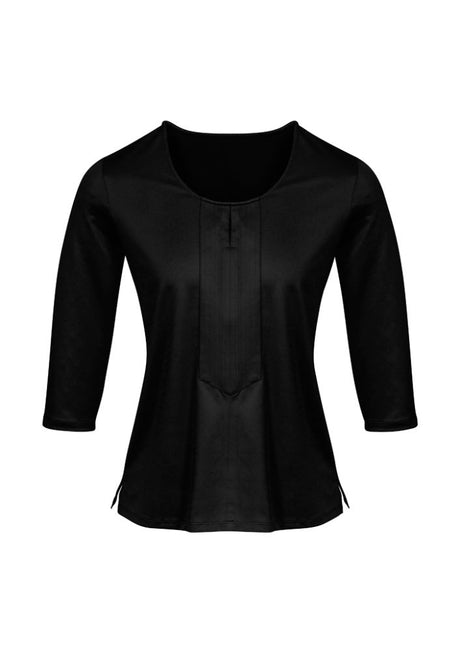 Stylish black 3/4 sleeve knit top with keyhole detail, made from breathable, antimicrobial fabric for comfort and elegance.