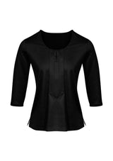 Black 3/4 sleeve knit top by Advatex, featuring a keyhole front, semi-fitted design, and made from an antimicrobial fabric blend.