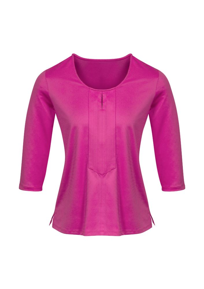 Vibrant melon 3/4 sleeve knit top with keyhole design, perfect for casual or professional wear, blending comfort and style.