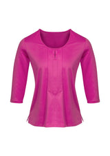 Bright melon 3/4 sleeve knit top with keyhole detail, crafted for comfort and style, perfect for any occasion.