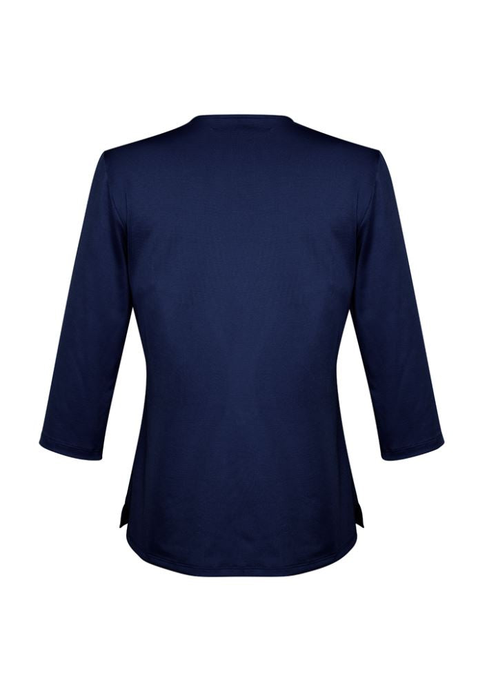 Patriot Blue 3/4 sleeve knit top with keyhole detail, made from stretchy, comfortable fabric for a flattering fit.