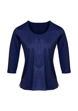 Patriot Blue 3/4 sleeve knit top with keyhole design, featuring stretchy, antimicrobial fabric for comfort and style.