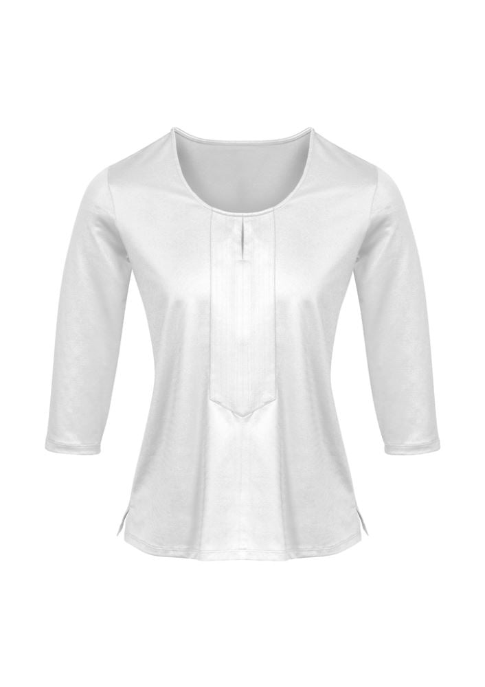 White 3/4 sleeve knit top with keyhole detail, made from breathable antimicrobial fabric, perfect for casual or formal wear.