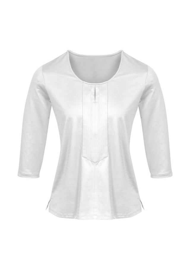 White 3/4 sleeve knit top for women, featuring a keyhole front, antimicrobial fabric, and a semi-fitted design for comfort.