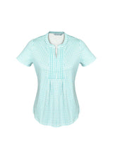 Advatex Ladies Sandy Linear Pleat Knit Top in Dynasty Green, semi-fitted, antimicrobial, with unique link print and pleat front detail.