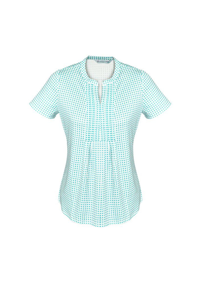 Advatex Ladies Sandy Linear Pleat Knit Top in Dynasty Green, semi-fitted, antimicrobial, with unique link print and pleat front detail.