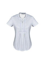 Navy pleat knit top featuring a semi-fitted open neck, antimicrobial fabric, and stylish link design, perfect for casual wear.