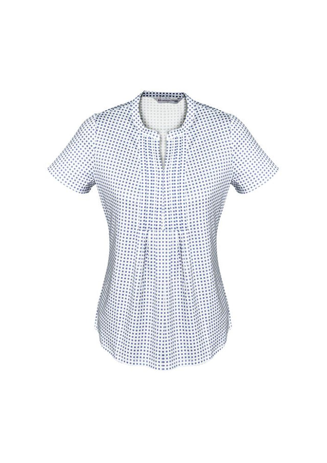 Navy pleat knit top featuring a semi-fitted open neck, antimicrobial fabric, and stylish link design, perfect for casual wear.