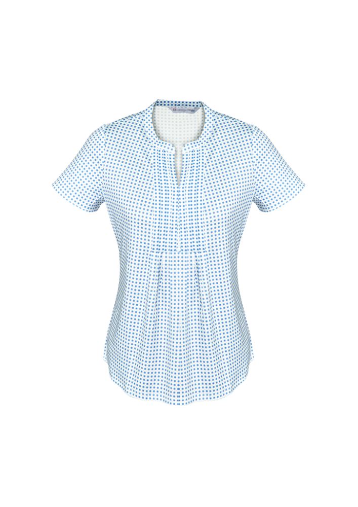 Stylish Delta Blue pleat knit top for women, offering comfort, versatility, and a chic semi-fitted design.