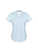 Stylish Delta Blue pleat knit top for women, offering comfort, versatility, and a chic semi-fitted design.