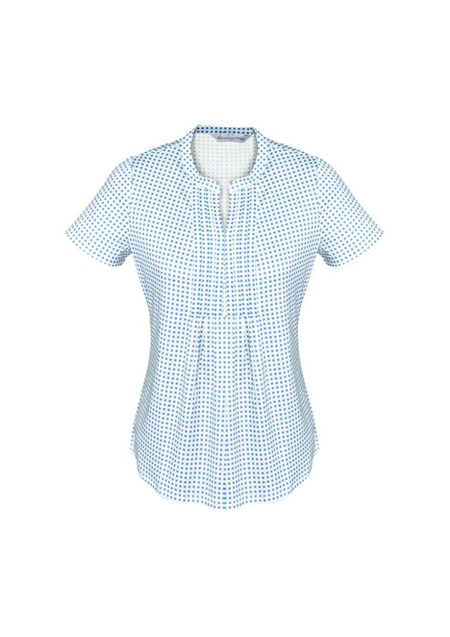 Stylish Delta Blue pleat knit top for women, offering comfort, versatility, and a chic semi-fitted design.