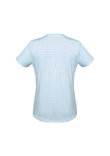 Advatex Ladies Sandy Linear Pleat Knit Top in Delta Blue, featuring a semi-fitted design and antimicrobial fabric for comfort.