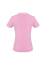 Melon-colored Advatex Ladies Ella Diamond Pleat Knit Top, featuring a semi-fitted design and elegant pleated front for versatile styling.