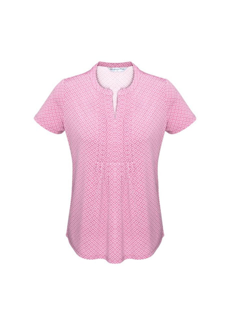 Melon Ella Diamond Pleat Knit Top for ladies, featuring antimicrobial stretch fabric, semi-fitted design, and elegant pleating.