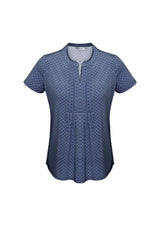 Advatex Ladies Ella Diamond Pleat Knit Top in Navy, featuring diamond pleats, open neck, and stretch fabric for comfort and style.