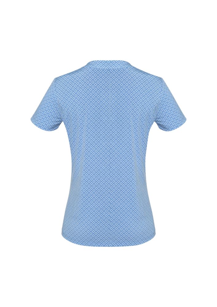 Advatex Ladies Ella Knit Top in Delta Blue, size 12, featuring diamond pleat design, antimicrobial finish, and soft stretch fabric.