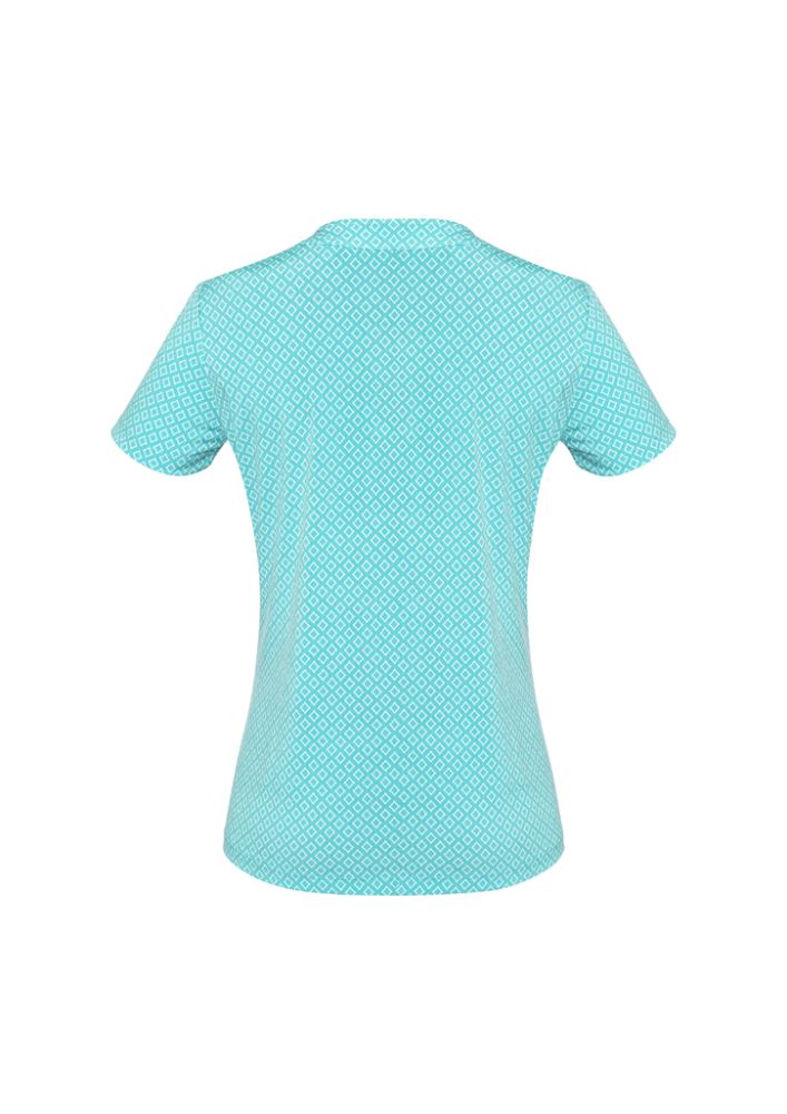 Advatex Ladies Leah Button Knit Top in Dynasty Green, featuring a round neckline, button front, and unique diamond design print.