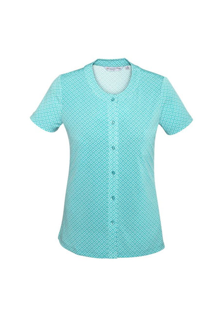 Advatex Ladies Leah Button Knit Top in Dynasty Green, featuring a round neckline, button front, and diamond design print.